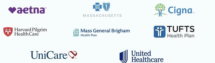 Accepted insurance logos including Aetna, Blue Cross Blue Shield, Cigna, Harvard Pilgrim Health Care, Mass General Brigham Health Plan, Tufts Health Plan, UniCare, and UnitedHealthcare